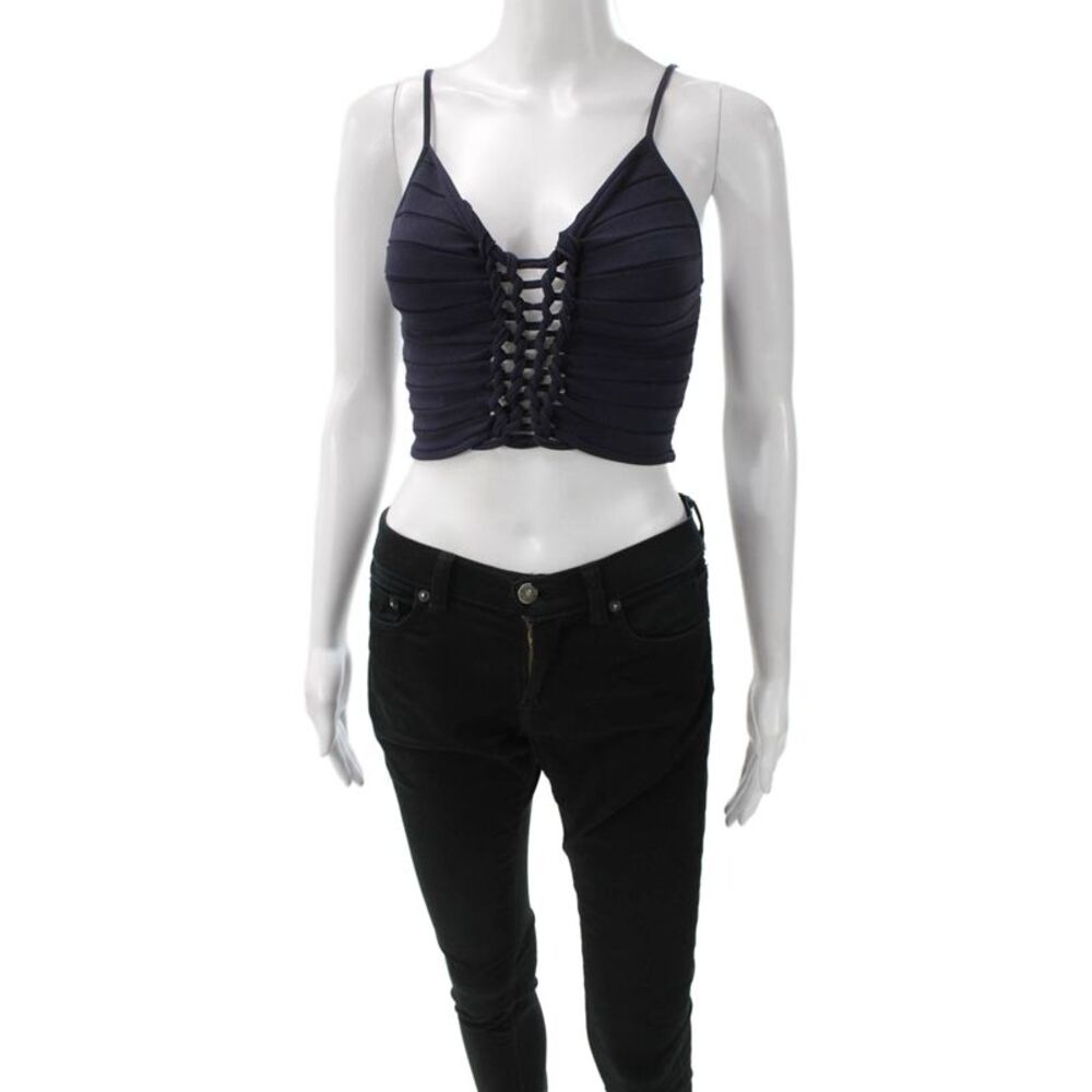 Dion Lee Women Striped Lace Up Cropped Camisole Dark Blue Sleeveless Size 4